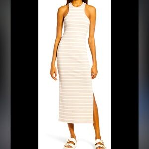 French Connection dress - beige/white striped ribbed sleeveless bodycon maxi